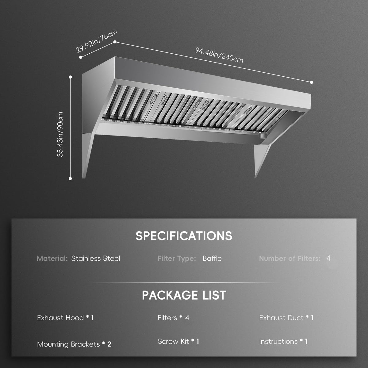 Aoile Commercial Exhaust Hood, 94.48" Rust Resistant Wall Mount Range Hood