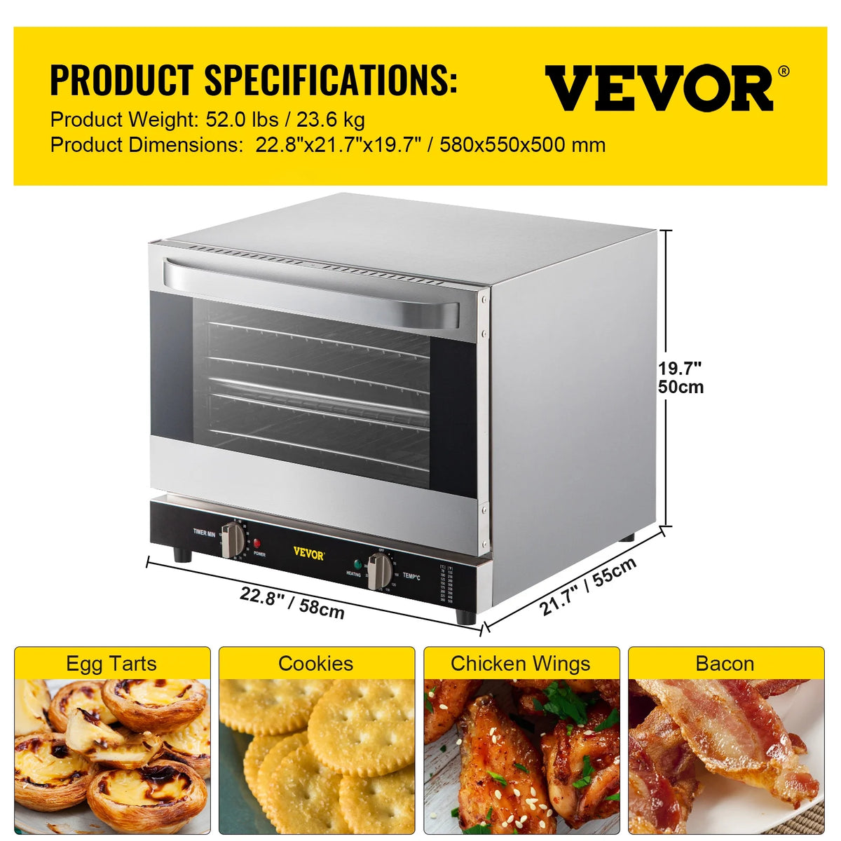 VEVOR Commercial Convection Oven,21L/19Qt,Quarter-Size Conventional Oven Countertop,1440W 3-Tier Toaster with Front Glass Door,Electric Baking Oven with Trays Wire Racks Clip Gloves