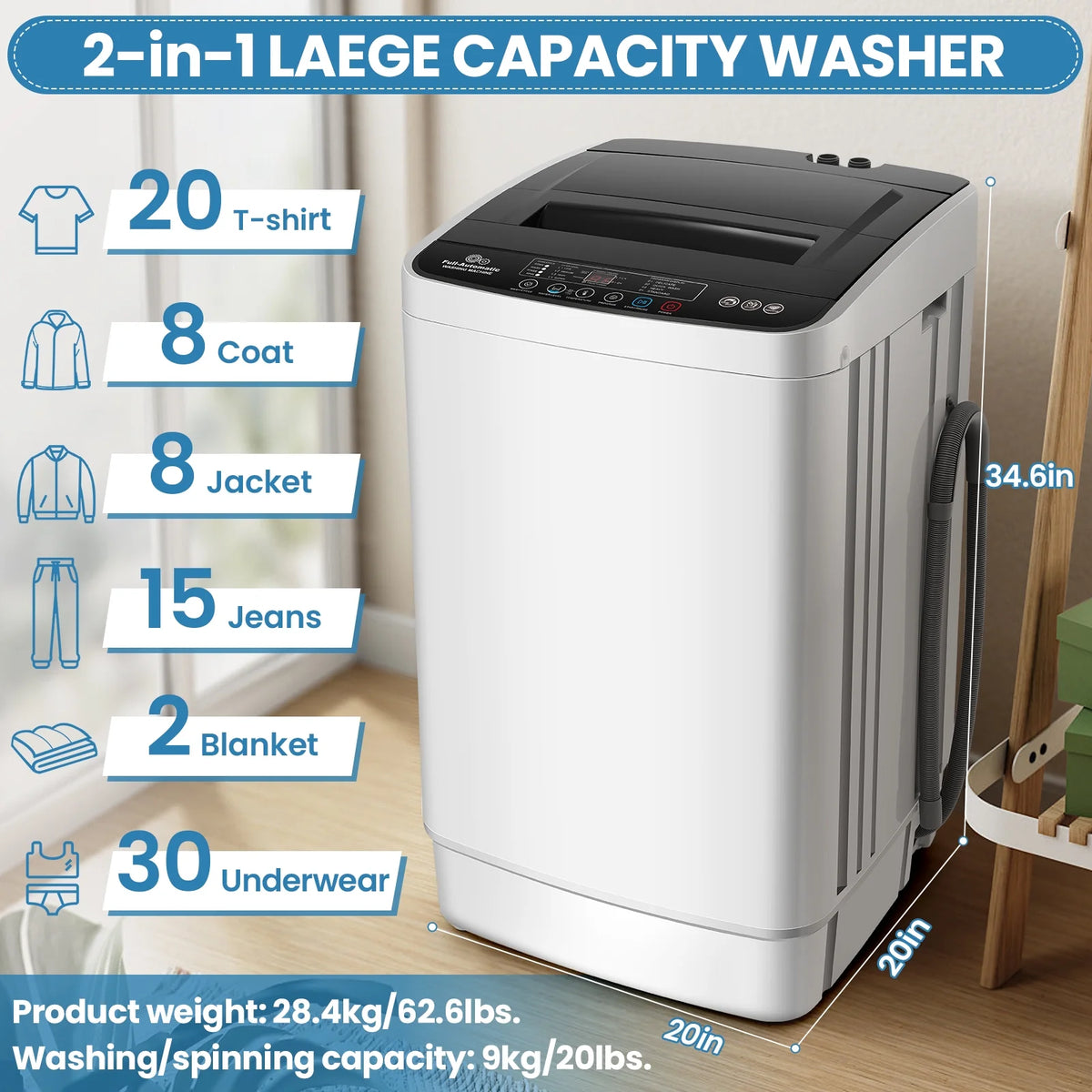 Qhomic Portable Washing Machine, 20lbs Portable Washer with 4 Wash Programs 4 Water Levels 3 Water Temperatures LED Display, Fully Automatic Washing Machine Drain Pump for Home, RV, Dorm
