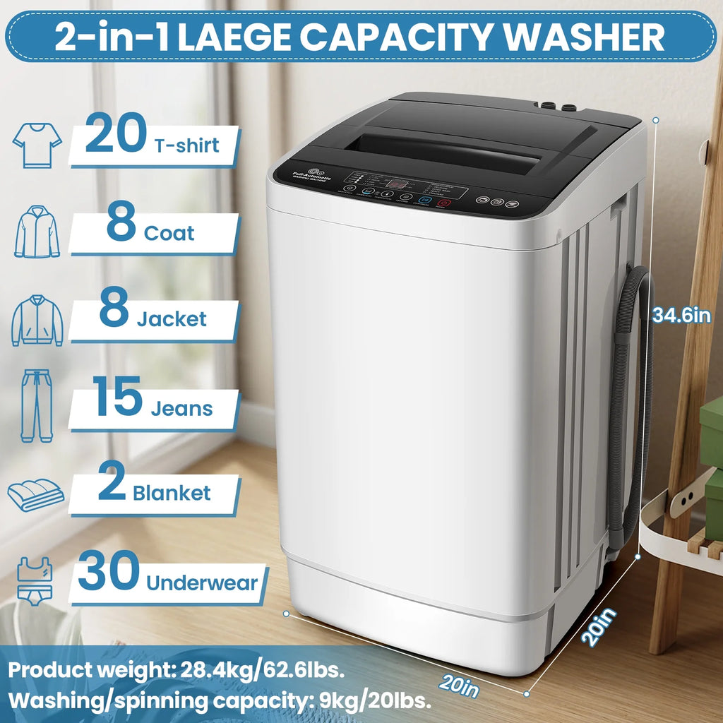 Veeboto 20lbs Fully Automatic Washing Machine, Washer Machine with 10 Wash Programs/8 Water Levels, Portable Washing Machine with LED Display & 1 Adjustable feet, White