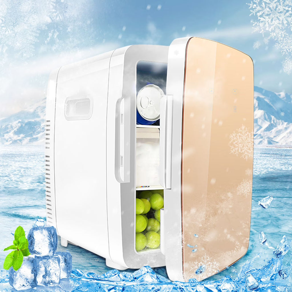 FYHALE Mini Fridge with Freezer, 15 L/21 Can Personal Refrigerator, Portable Cooler &Warmer, Beverage & Skincare, 110V/12V, Gold