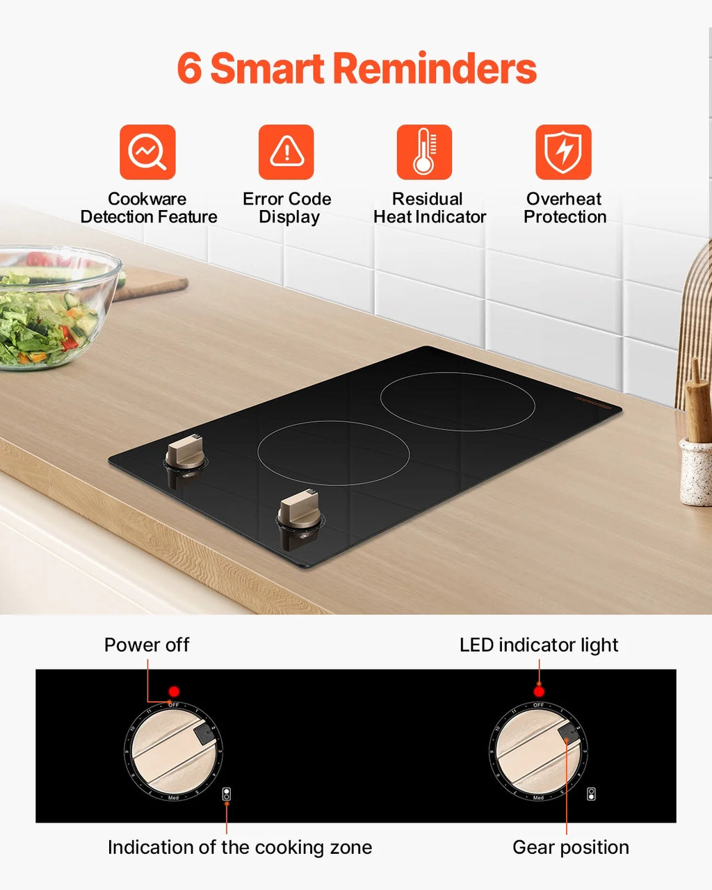 KFFKFF 12 Inch Induction Stove, 1800W 2 Burner Electric Cooktop Built-in Stove top with Knob-Controlled, 12 Heat Levels, Glass Top, Automatic Power-Off