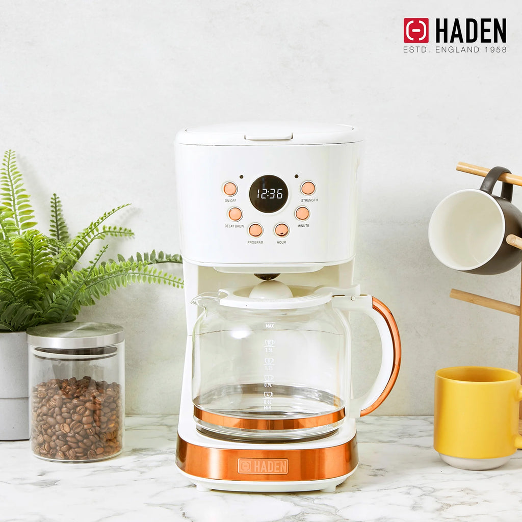 Haden 12 Cup Coffee Maker with 2 Slice Stainless Steel Bread Toaster, White