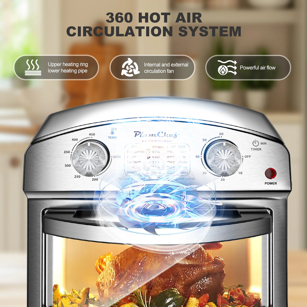 PlumChef 13 Quart 4 Slices Air Fryer Convection Toaster Oven, 1500W, 7 in 1 Multifunction with Roast, Bake, Grill, Broil, Toast, Dehydrate, Defrost, Stainless Steel