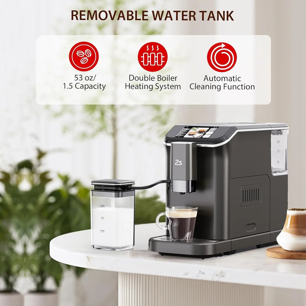 Espresso Machine,Fully Automatic Espresso Machine with Automatic Milk Frother,7 Coffee Varieties,20-Bar,Built-in Grinder,Intuitive Touch Display,1.5-L Water Tank