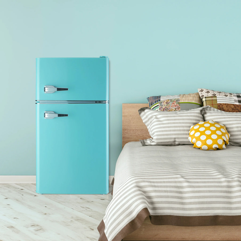2 Door Mini Fridge with Freezer,3.5Cu.ft Small Freezer,7 Adjustable Thermostat,Blue,New