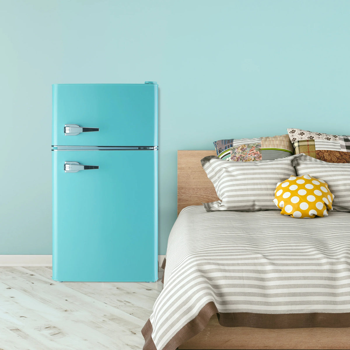 2 Door Mini Fridge with Freezer,3.5Cu.ft Small Freezer,7 Adjustable Thermostat,Blue,New