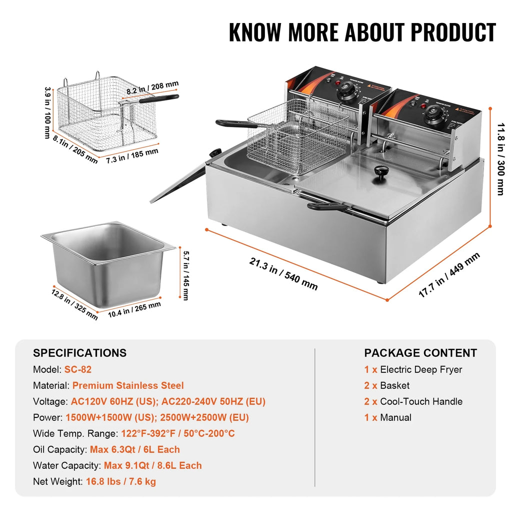 KFFKFF Commercial Dual Tank Deep Fryer, 3000W Electric Countertop Fryer with Basket, 2 x 9.1Qt/8.6L Stainless Steel Oil Fryer, featuring Temperature Control & Overheat Safety