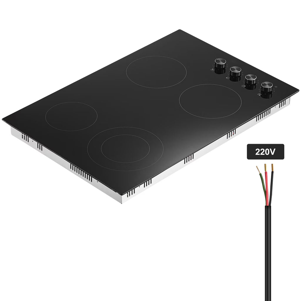 KFFKFF Built-in 4 Burner Electric Cooktop, 7200W Electric Range, 30" Electric Cooktop with Glass Surface, Knob Control, 11 Temperature Settings, 220-240V, Direct Wiring Required