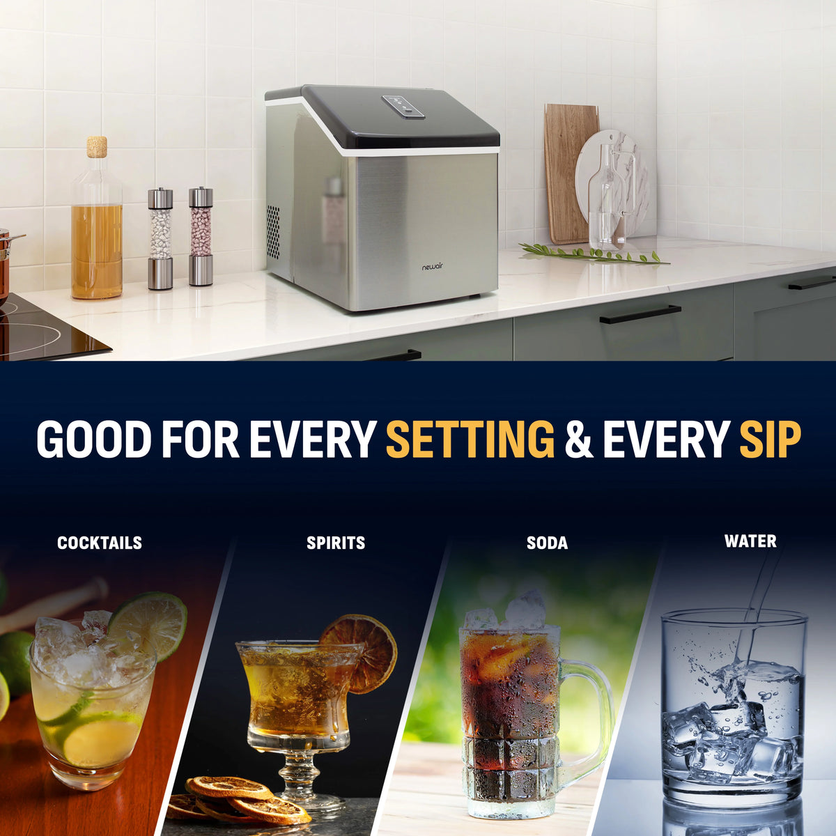 Newair Portable Countertop 40lb Clear Ice Maker Machine, Stainless Steel