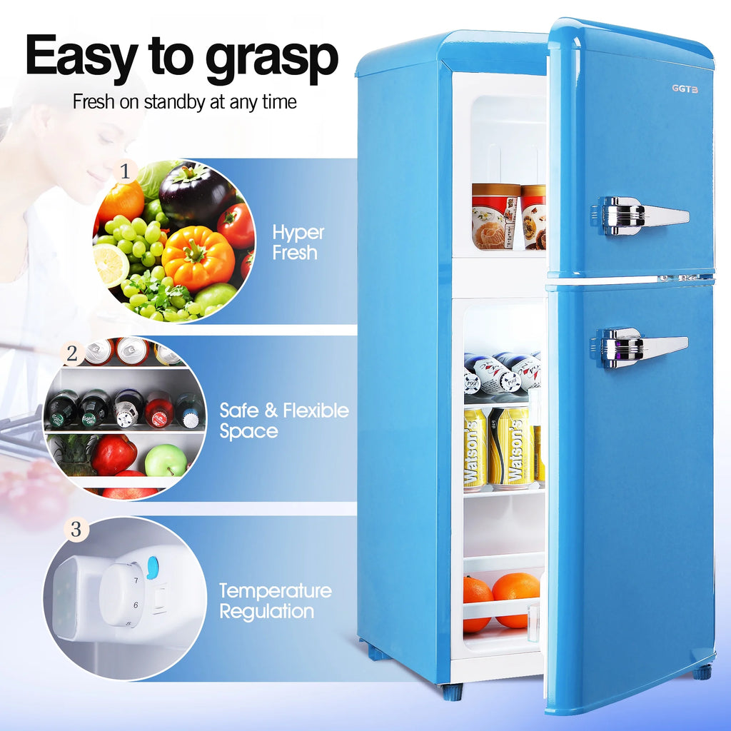 GGTB 3.0 Cu.Ft Two Door Small Refrigerator with Freezer, Compact Retro Small Refrigerator for Dorm, Office, Bar, RV, Bedroom, Blue