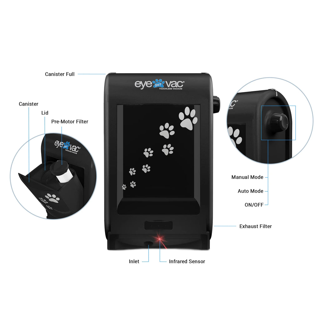 EyeVac Pet EVPET-PB 6.5 Qt Stationary Touchless Vacuum, Black w/ Paw Prints