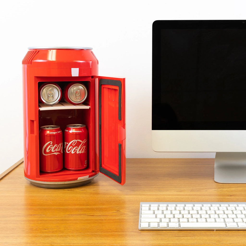 Coca-Cola 8 Can Portable Mini Fridge w/ 12V DC and 110V AC Cords, 5.4L (5.7 qt) Can Shaped Personal Cooler, Red, Travel Fridge for Drinks, Snacks, Lunch, Home, Office, Dorm Room, RV