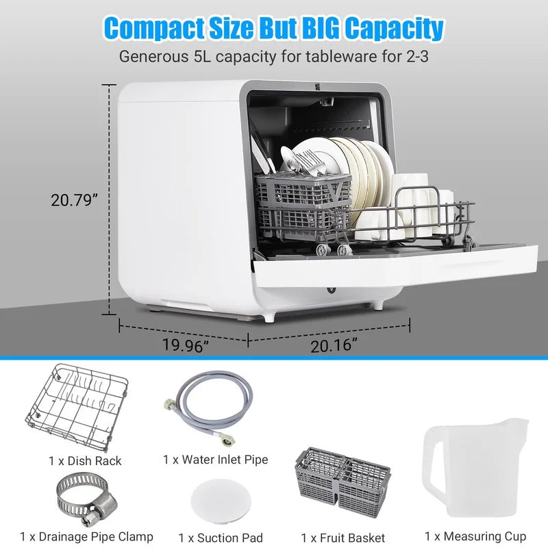 Towallmark 5 Program, Countertop Dishwasher, Portable Dishwasher with Touch Control, Air Drying Function, 2 In 1 Tabletop Dishwasher for Home Apartments, White