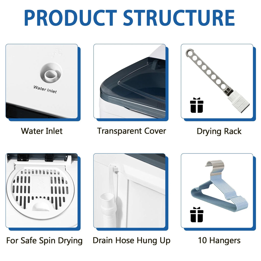 Dimedeal Portable 18lbs Twin Tub Mini Washing Machine, 11lbs Washer & 7lbs Spinner with Drying Rack & Hangers