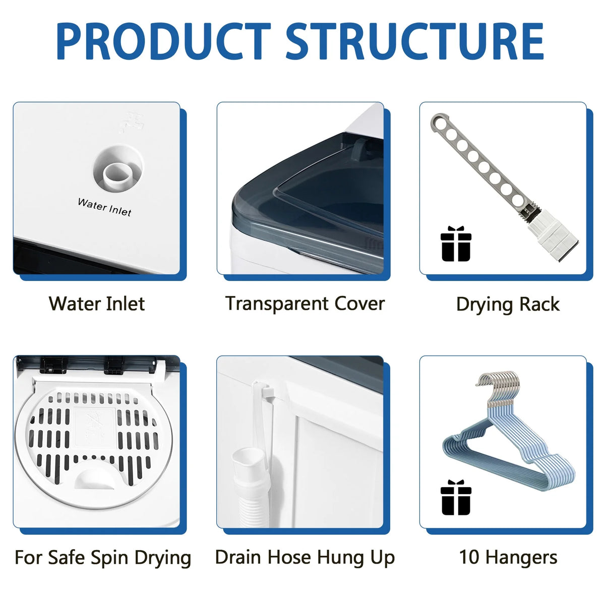 Dimedeal Portable 18lbs Twin Tub Mini Washing Machine, 11lbs Washer & 7lbs Spinner with Drying Rack & Hangers