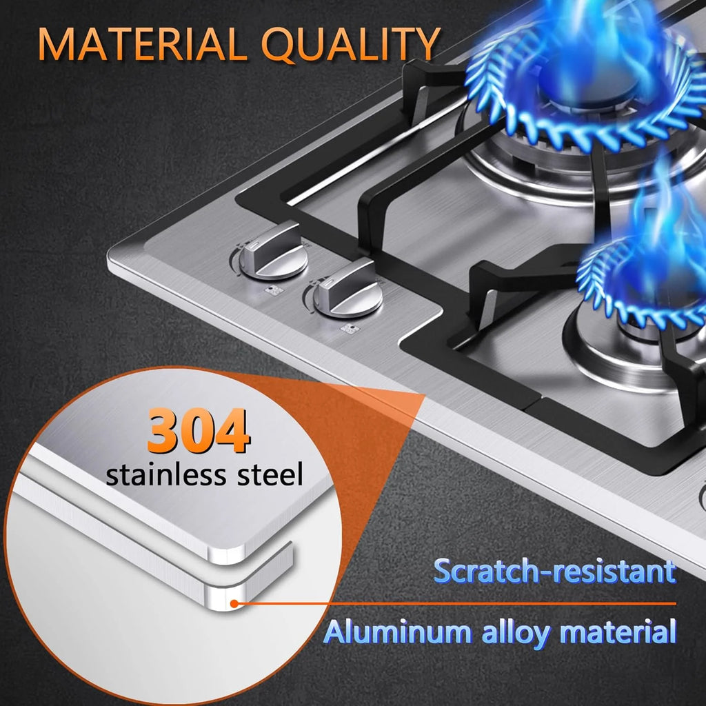 24 inch Gas Cooktop, Bulit-in Gas Stove Top with 4 Burner, NG/LPG Convertible Cooktops, Dual Burner Propane Cooktop with Thermocouple Protection, Stainless Steel