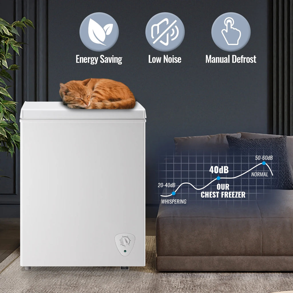 JIEJIA Compact Freezer 3.5 cu ft Environmental Chest Freezer, Mini Freezer with 7 Gear Adjustable Temperature, Removable Storage Basket, Energy Saving, White