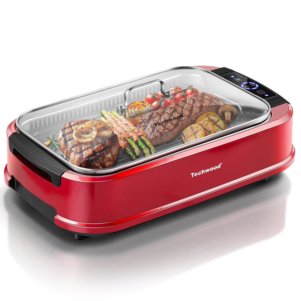 Techwood Indoor Smokeless Grill, 1500W, Black, Electric Portable Korean BBQ Grill with Tempered Glass Lid