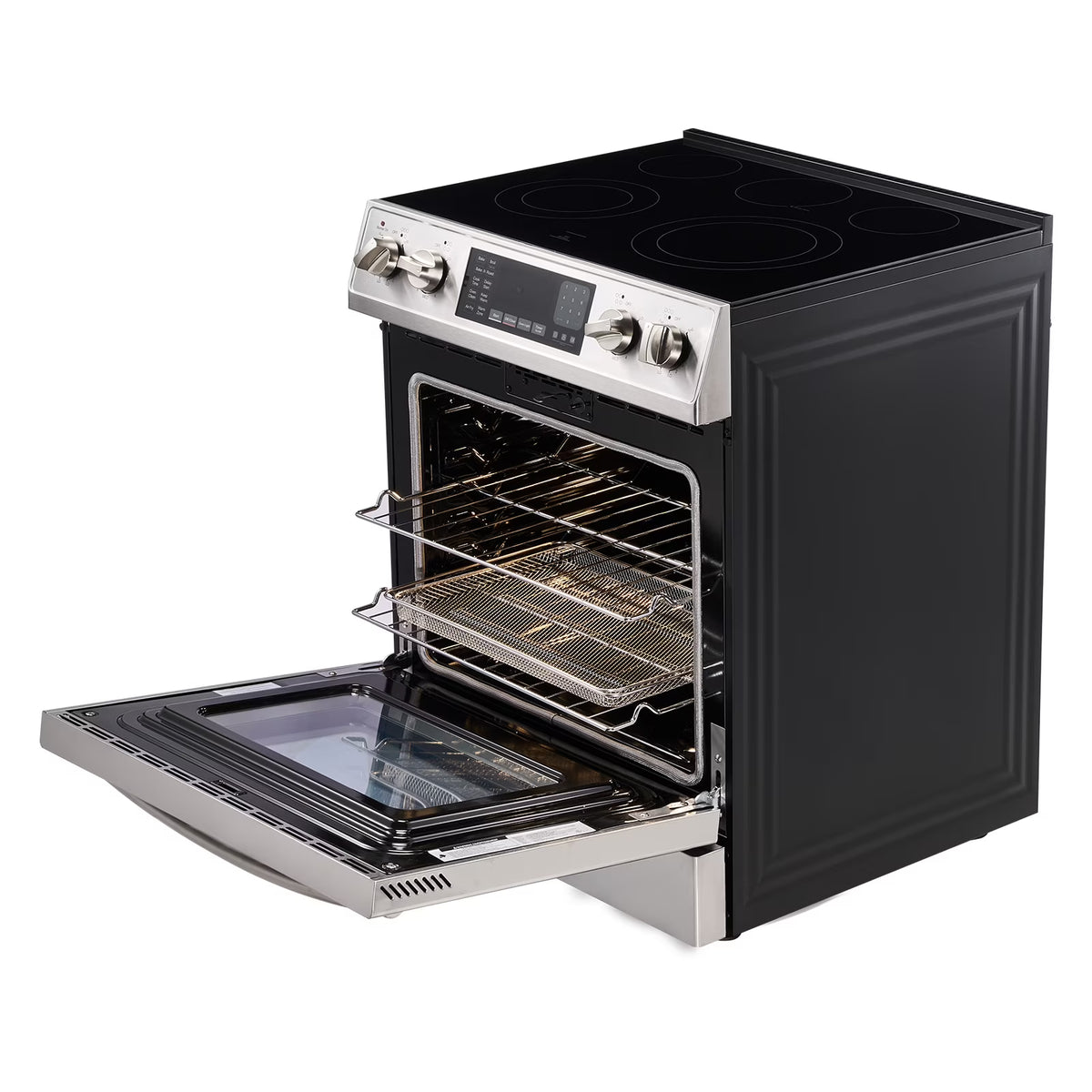 KFFKFF 30-Inch Electric Range Oven, 4.8 Cu. Ft. Freestanding Stainless Steel Stove, Features 5 Burners, Timer, Self-Cleaning, Air Fry Function, Adjustable Racks, and Storage Drawer, Silver