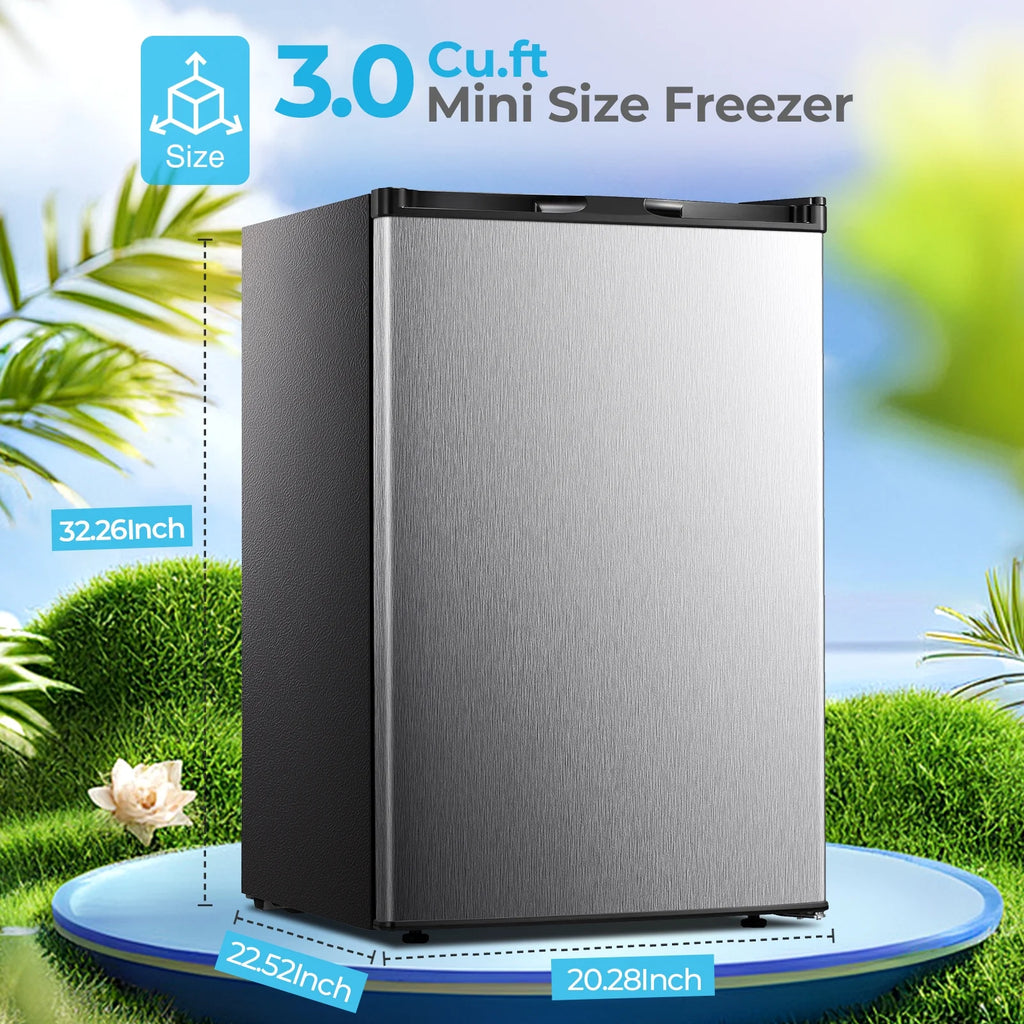 WAA 3.0 Cu.ft Small Freezer, Mini Upright Freezer with Adjustable Thermostat, Removable Shelves, Reversible Single Door, for Bedroom/Home/Dorms/Apartment, Silver