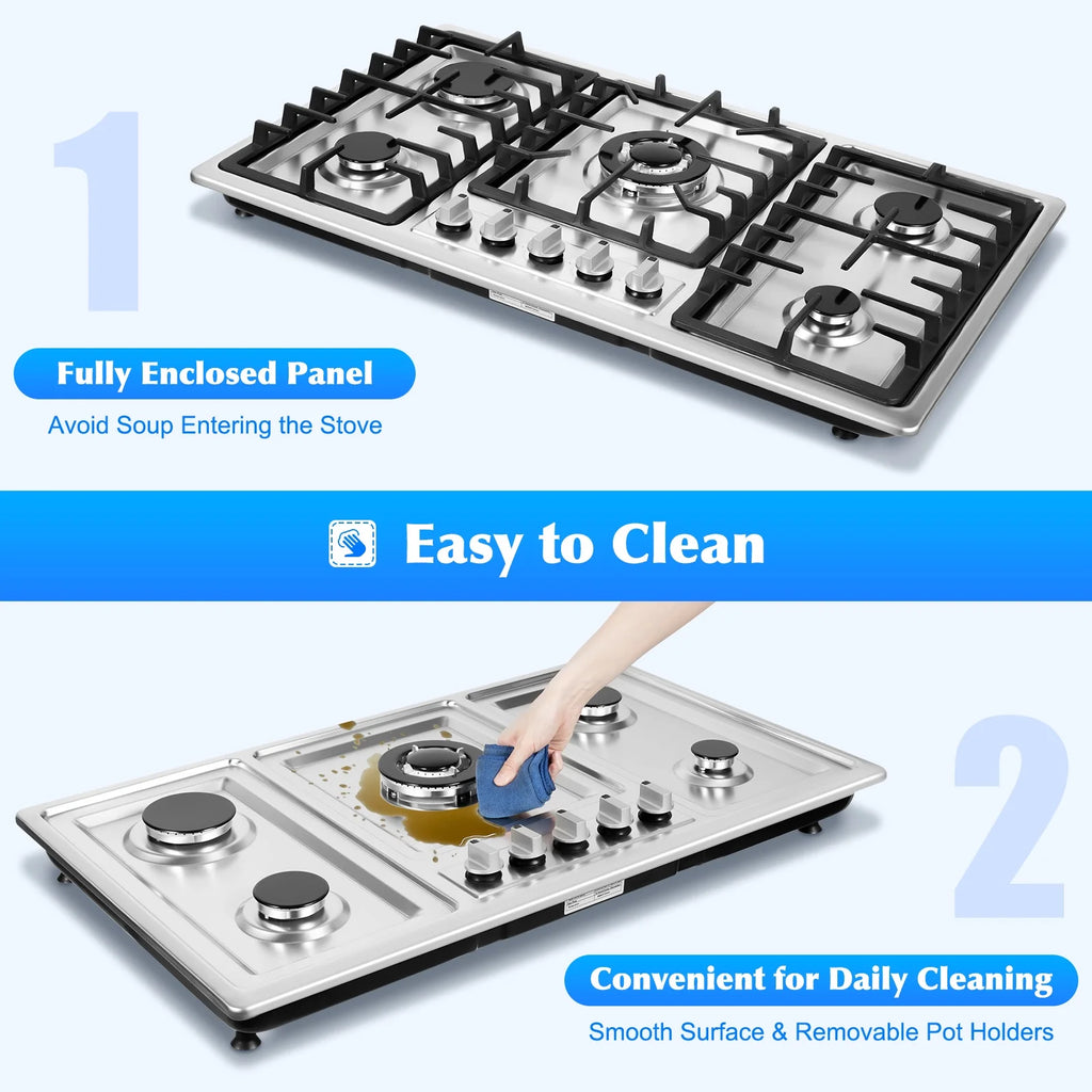 Stainless Steel 5-Burner Stove, Top Built-In Gas Propane Cooktop Stove for Restaurants