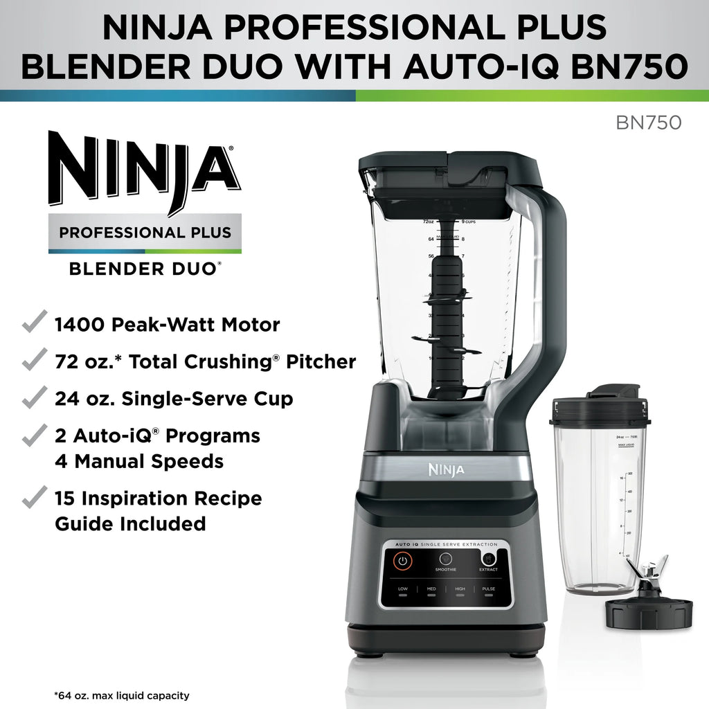 Ninja Professional Plus DUO Blender, 1400 W, 2 Auto-IQ Programs for Smoothies, Nutrient Extraction, 72 oz* Total Crushing Pitcher & (1) 24 oz To-Go Cup, Black, BN750