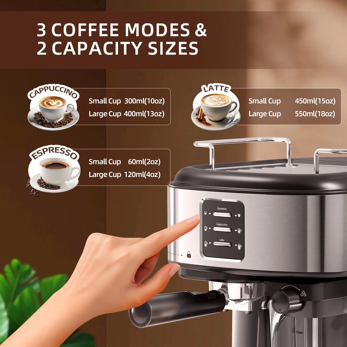 Auseo 20 Bar Espresso Machines, Espresso Coffee Maker with Milk Frother Steam Wand, Ground Coffee & Capsules, Black and Stainless Finish, Espresso/Cappuccino/Latte/Mocha for Home