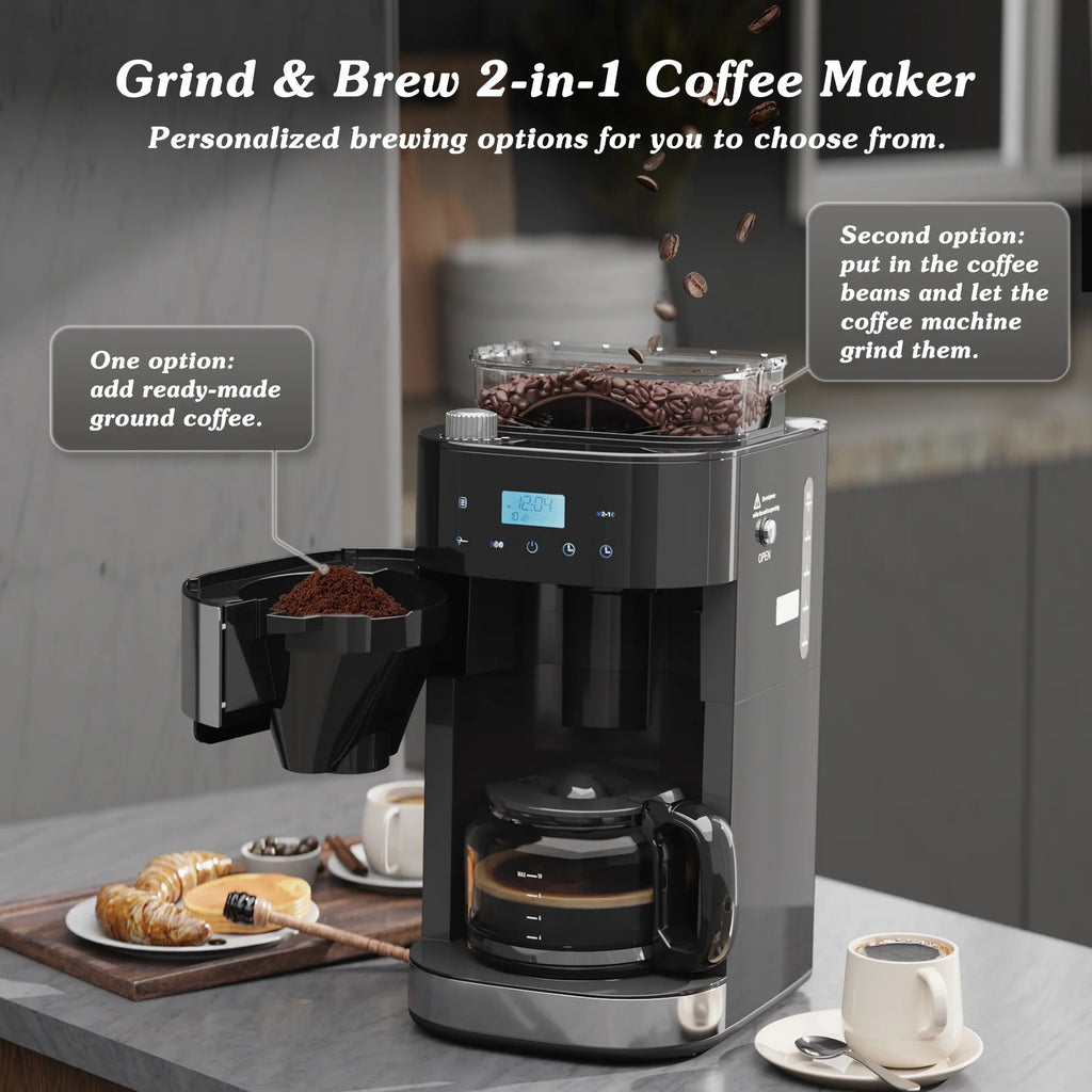 Auseo 10-Cup Drip Coffee Maker with Grinder, Grind and Brew Coffee Maker, 12-Hour Timer, 3 Brew Strength Options, Touch Screen, 1.5L Water Tank, Black