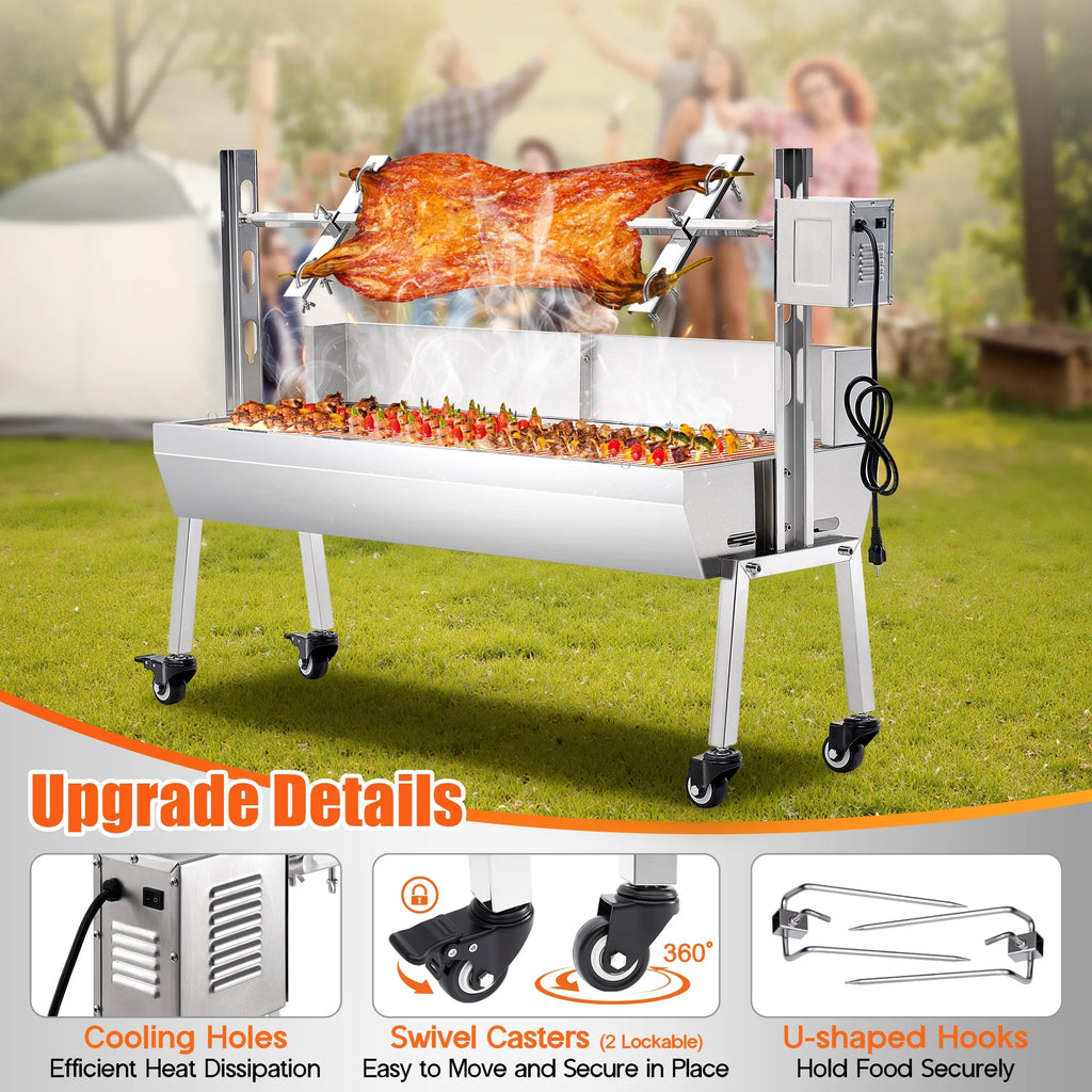 LUXOAK Electric BBQ Rotisserie Grill Kit, 46" 132 Lbs Capacity, 45W Motor, Height-Adjustable Stainless Steel Pig Roaster with Triangular Stability Support Stand for Pig Lamb