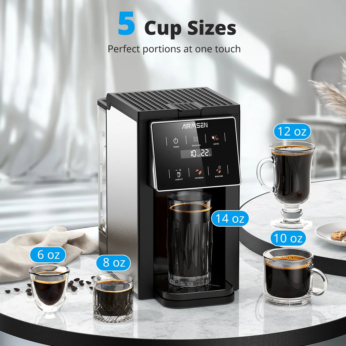 AIRMSEN 4 in 1 Single Serve Coffee Maker with Grinder, K Cup Coffee Machine Compatible with Grounds and Beans, Instant Coffee Pot with 5 Grind Levels & 6-14oz Cup Sizes, BPA-Free