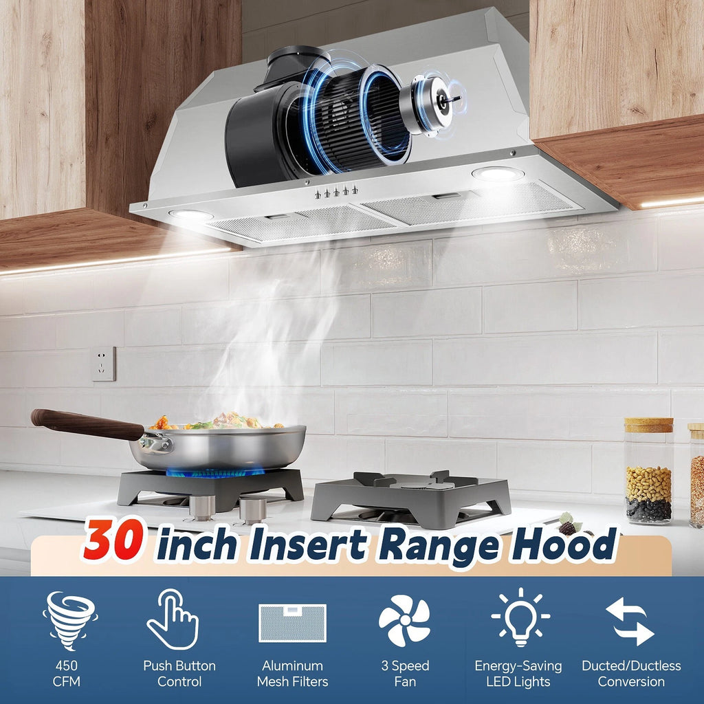 30 inch Built in Range Hood Stainless Steel 600 CFM Integrated Rangehood Cooking Vented
