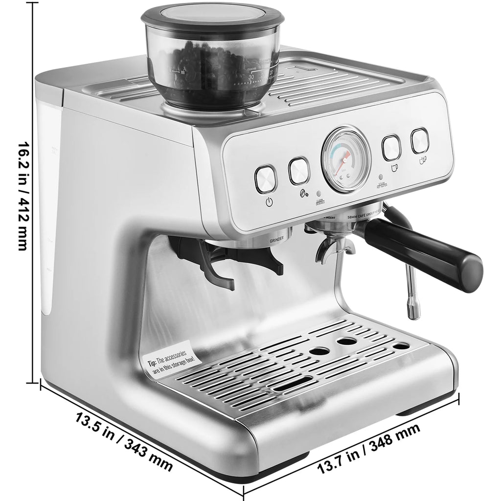 KFFKFF Coffee Machine with Grinding Feature, 15 Bar Semi-Auto Coffee Brewer with Milk Frothing Wand, Detachable Water Reservoir & Pressure Indicator for Cappuccino, Latte, Machiato, PID Regulation