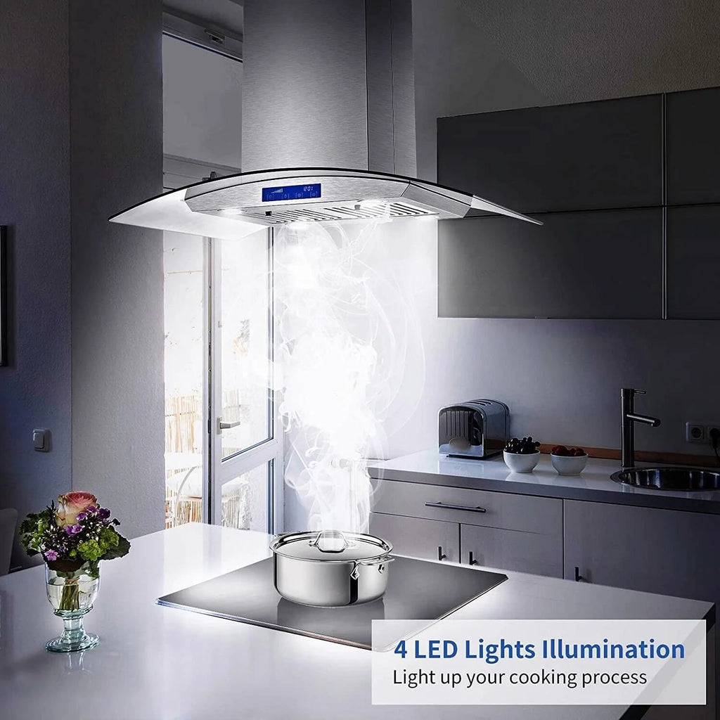 Joeaonz 30-Inch Island Range Hood 900CFM Stainless Steel with Glass Touch Control and Permanent Reusable Filters