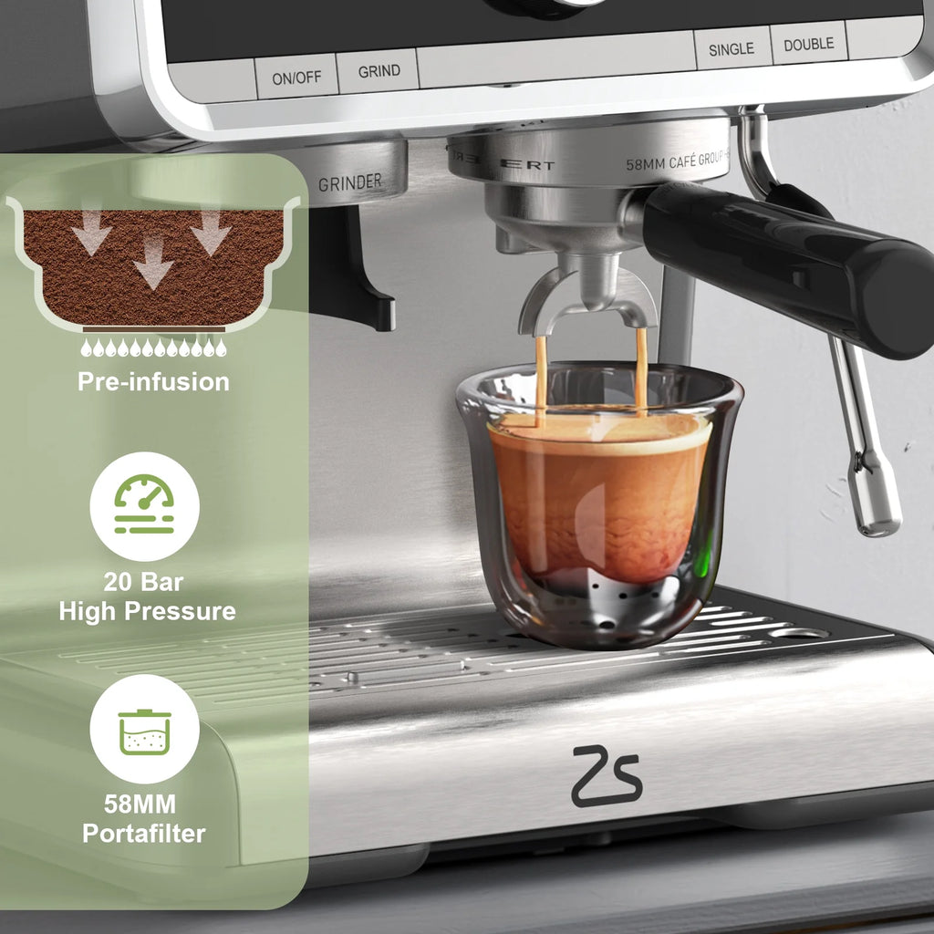 COZONY Espresso Machine 15 Bar, 2.5 L Water Tank, Semi Automatic Coffee Maker with Grinder, Milk Frother/Steam Wand, Italian Pump, All-in-One Espresso Machine, Stainless Steel, Silver