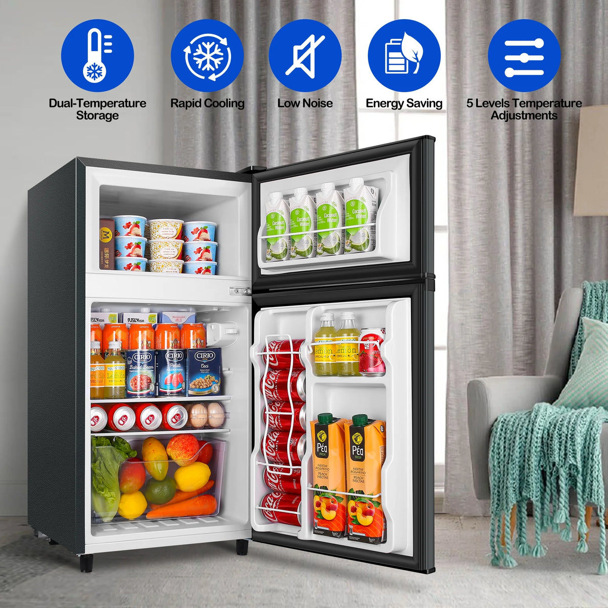 2 Door Mini Fridge with Freezer,3.5Cu.ft Small Freezer,7 Adjustable Thermostat,Blue,New