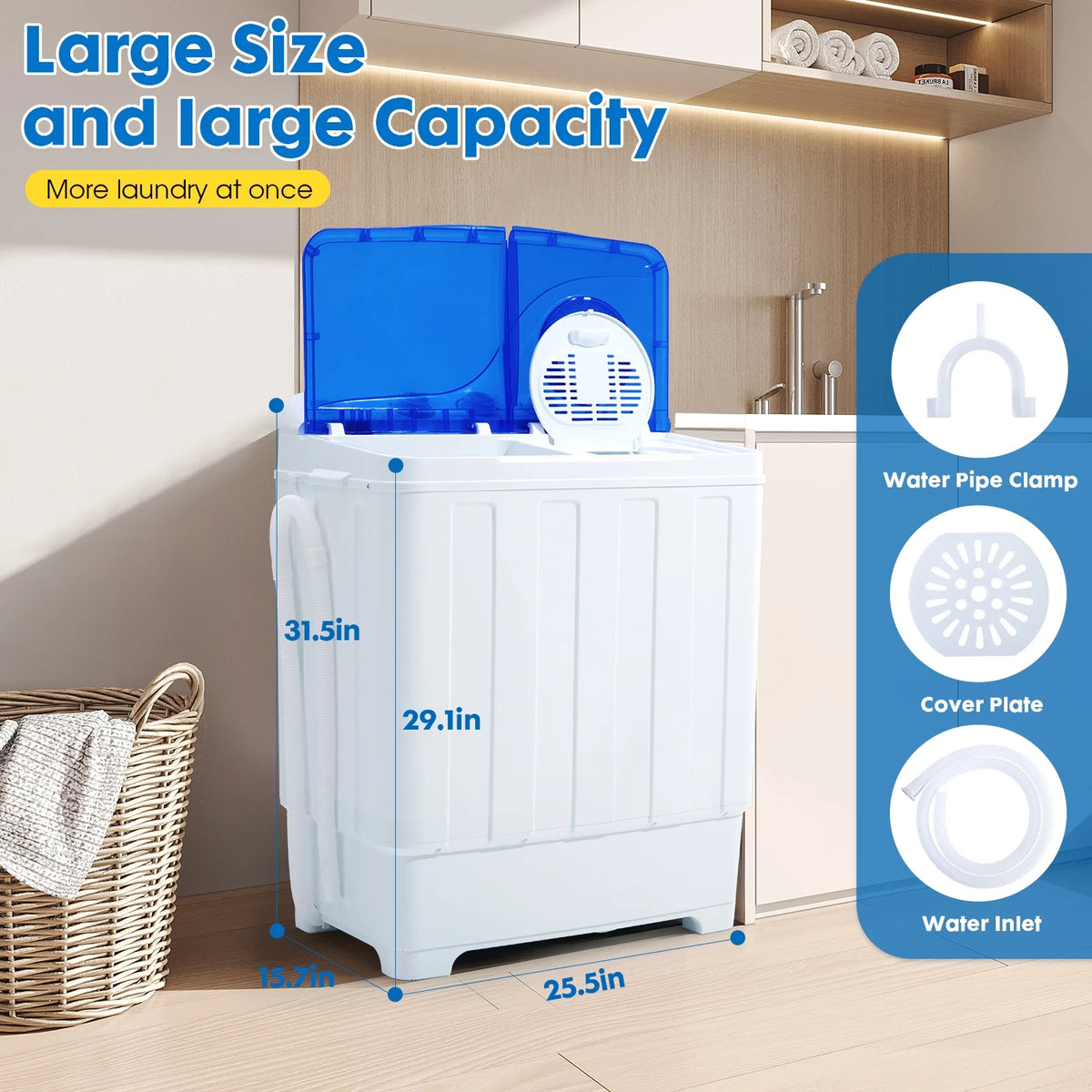 Clickoods 28lbs Portable Washing Machine Twin Tub, Compact Washer with Drain Pump, Semi-Automatic washer dryer combo, Blue