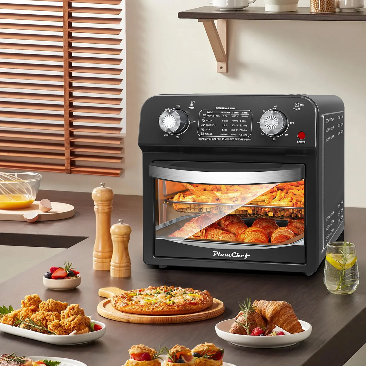 PlumChef 13 Quart 4 Slices Air Fryer Convection Toaster Oven, 1500W, 7 in 1 Multifunction with Roast, Bake, Grill, Broil, Toast, Dehydrate, Defrost, Stainless Steel