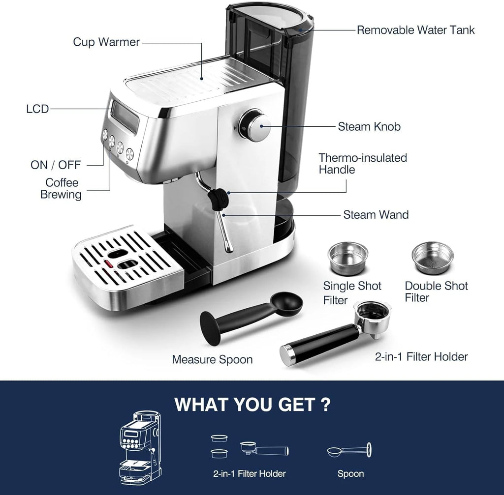 Sunmaki 20 Bar Espresso Machine, Compact Cappuccino Machines for Home Gifts, Stainless Steel