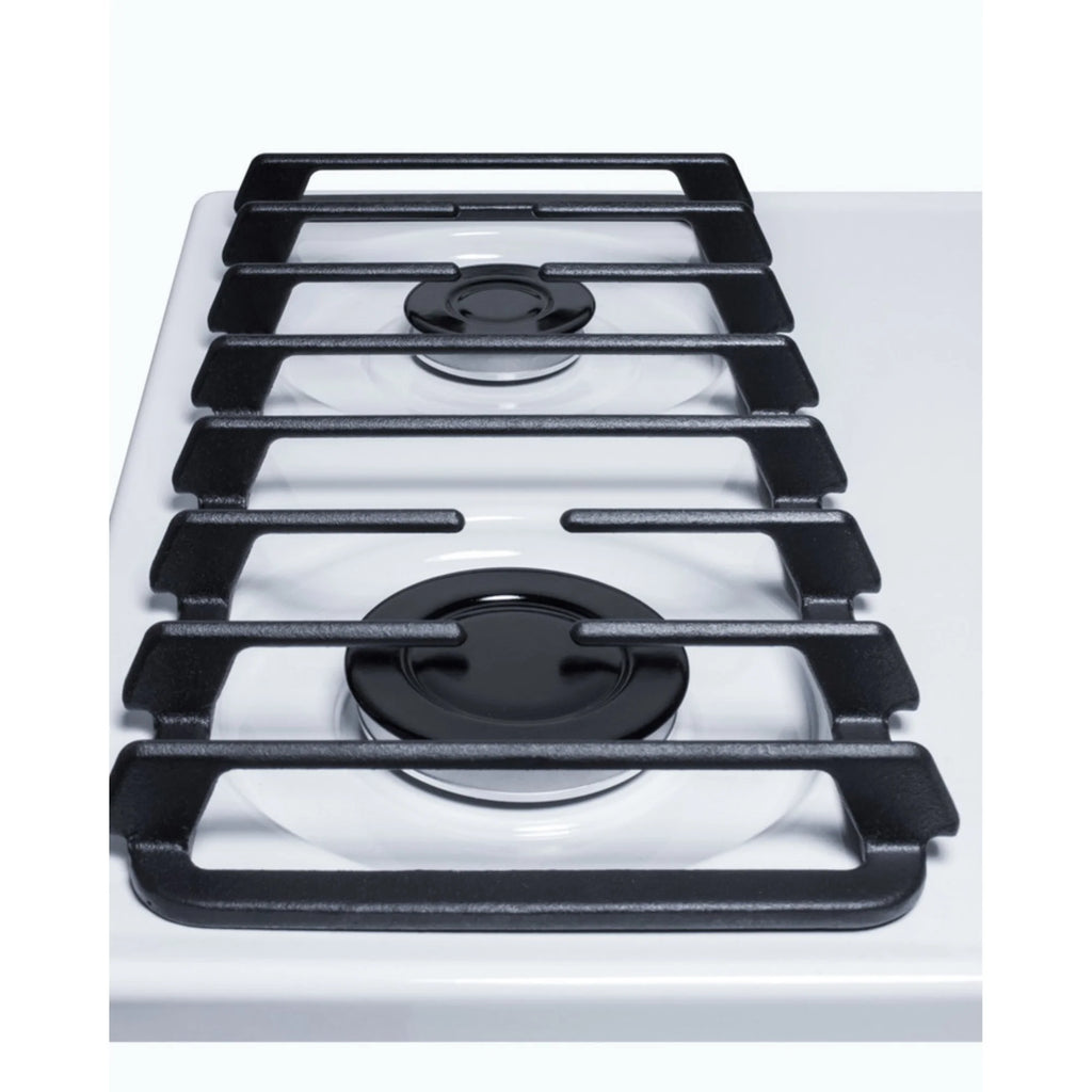 24" wide gas cooktop with four sealed burners, white porcelain surface, and cast iron grates; made in the USA