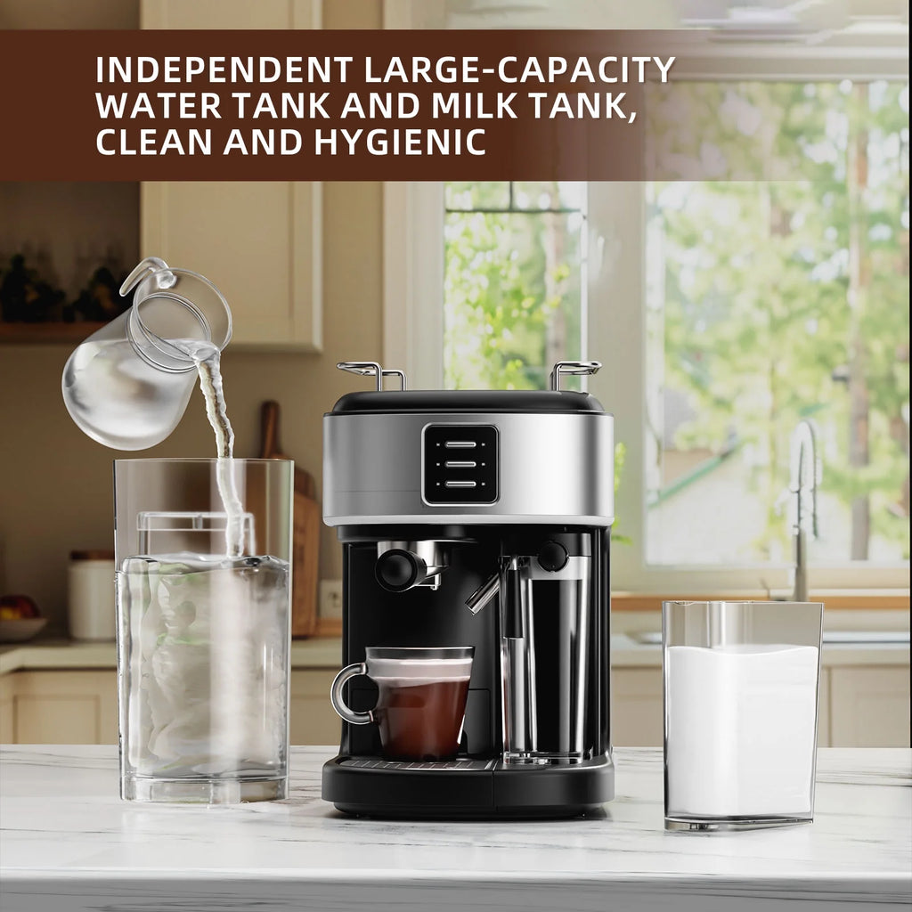 Auseo 20 Bar Espresso Machines, Espresso Coffee Maker with Milk Frother Steam Wand, Ground Coffee & Capsules, Black and Stainless Finish, Espresso/Cappuccino/Latte/Mocha for Home