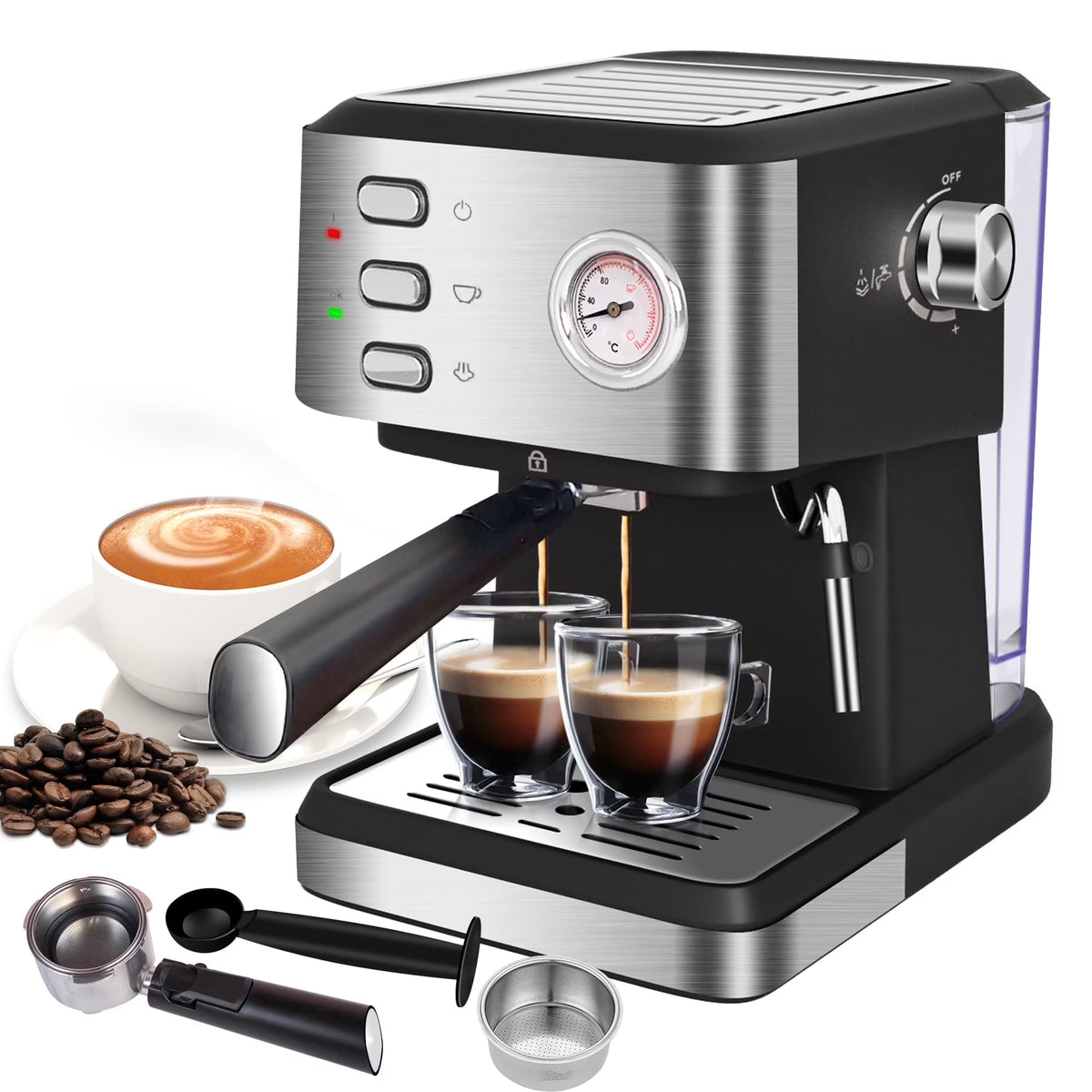 Bluebow Espresso Machine 20 Bar, 1.5L Water Tank Pressure Gauge Milk Frother Steam Coffee Maker, Silver