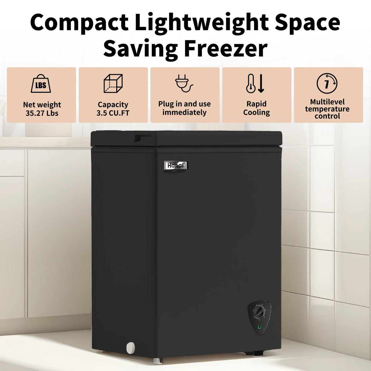 WANAI 3.5 Cubic Chest Freezer with Top Open Door,Removable Storage Basket,7 Gears Temp Control,Energy Saving,Black