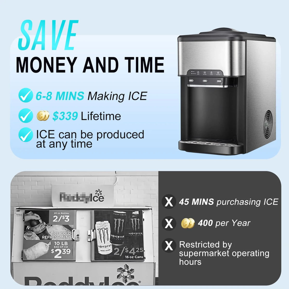 NUNET 3 in 1 Portable Ice Maker + Water Cooler Dispenser 5 Gallon with Child Safety Lock