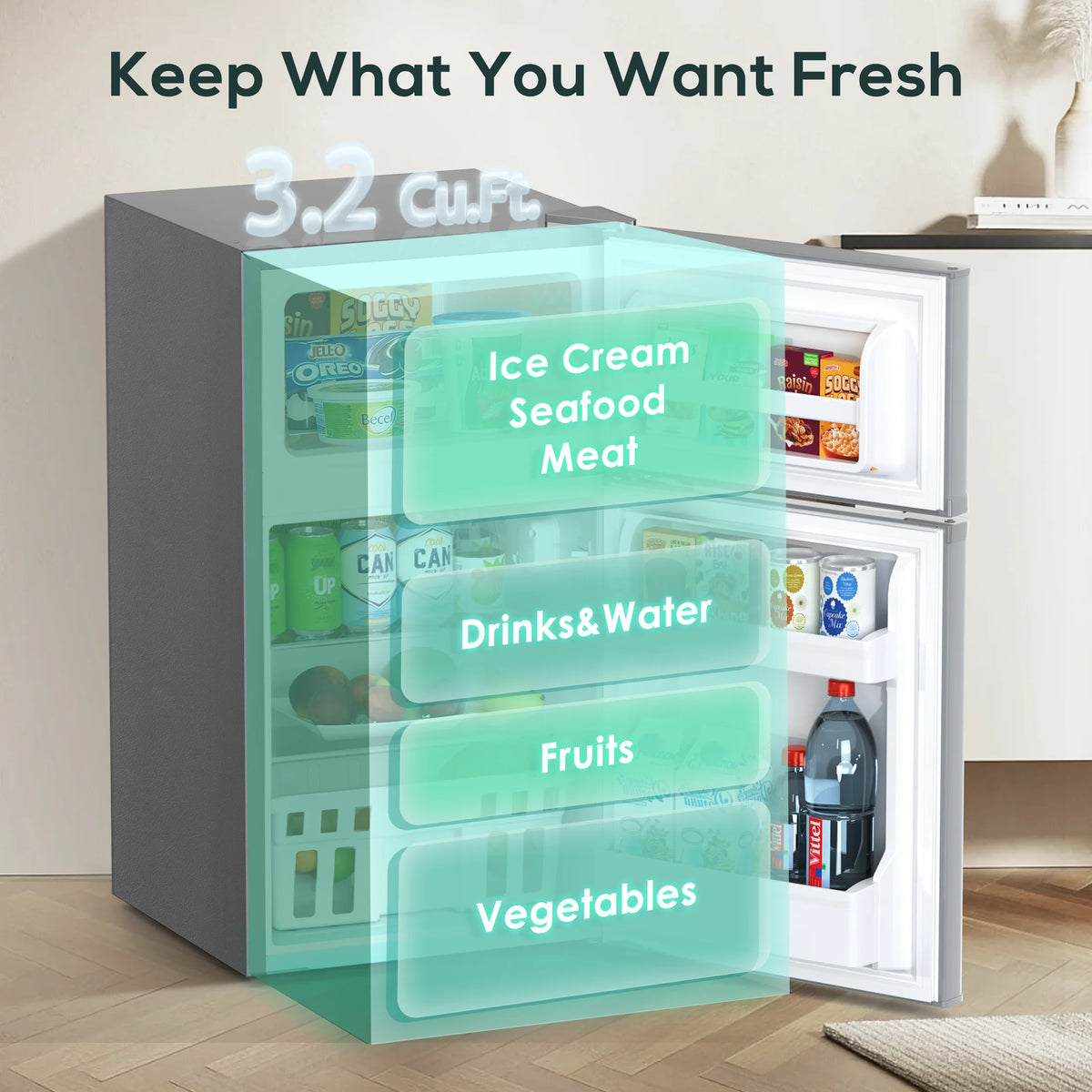 Auseo 3.1 Cu.Ft Double Door Mini Fridge with Freezer, Compact Retro Refrigerator for Dorm, Office, Bar, Bedroom, Black