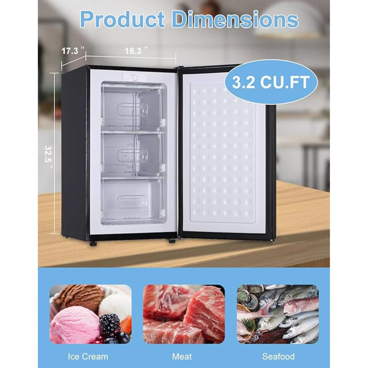 3.2 Cu.FtUpright Freezer , Single Door Mini Freezer ,Adjustable Thermostat, Compact Refrigerator for Bedroom, Dorm, Silvery