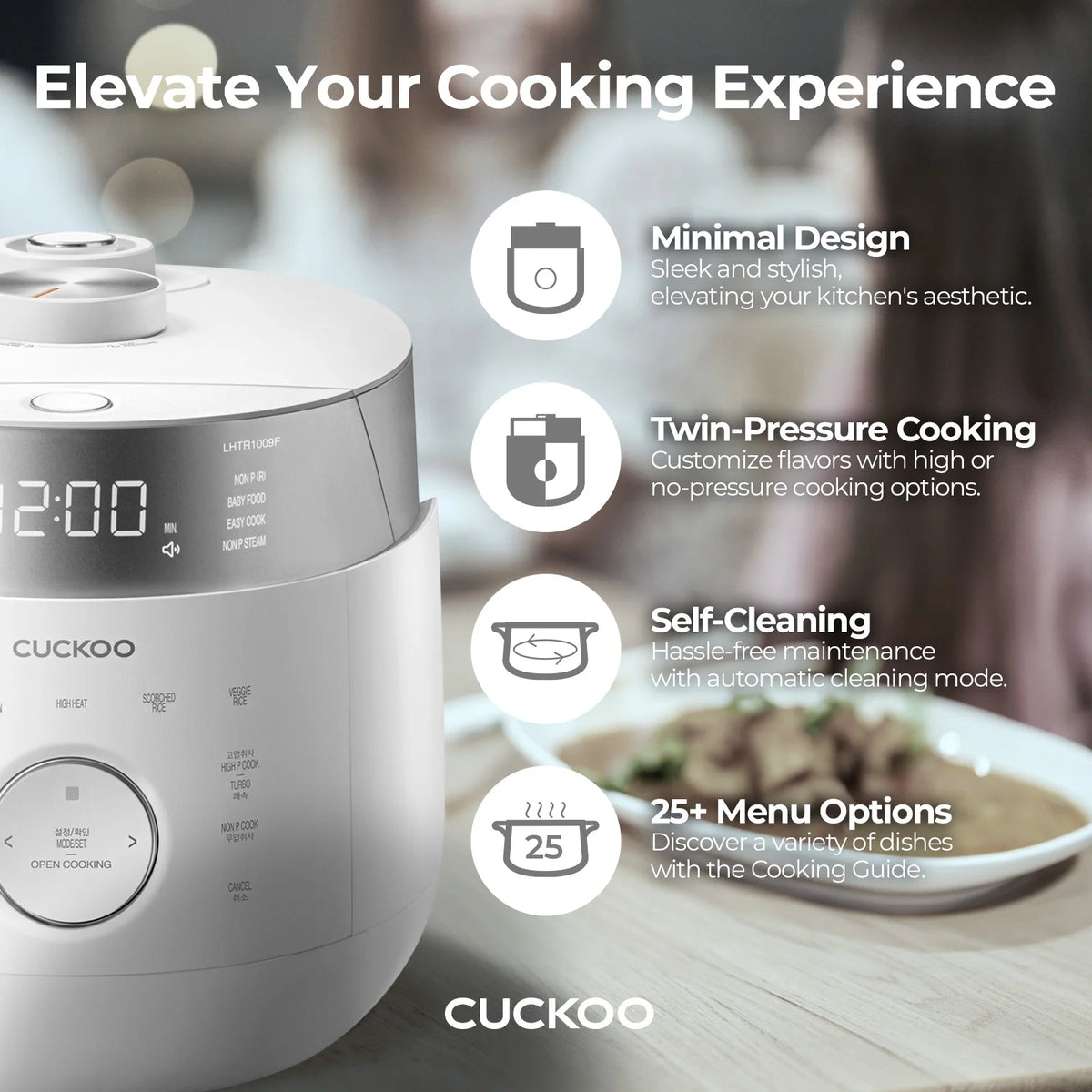 Cuckoo 10 Cup Dry Induction Heating Twin Pressure Rice Cooker with Micom Logic Tech, Nonstick Pot, Warmer, 25 Menu Modes and Voice Guide in White (CRP-LHTR1009FW)