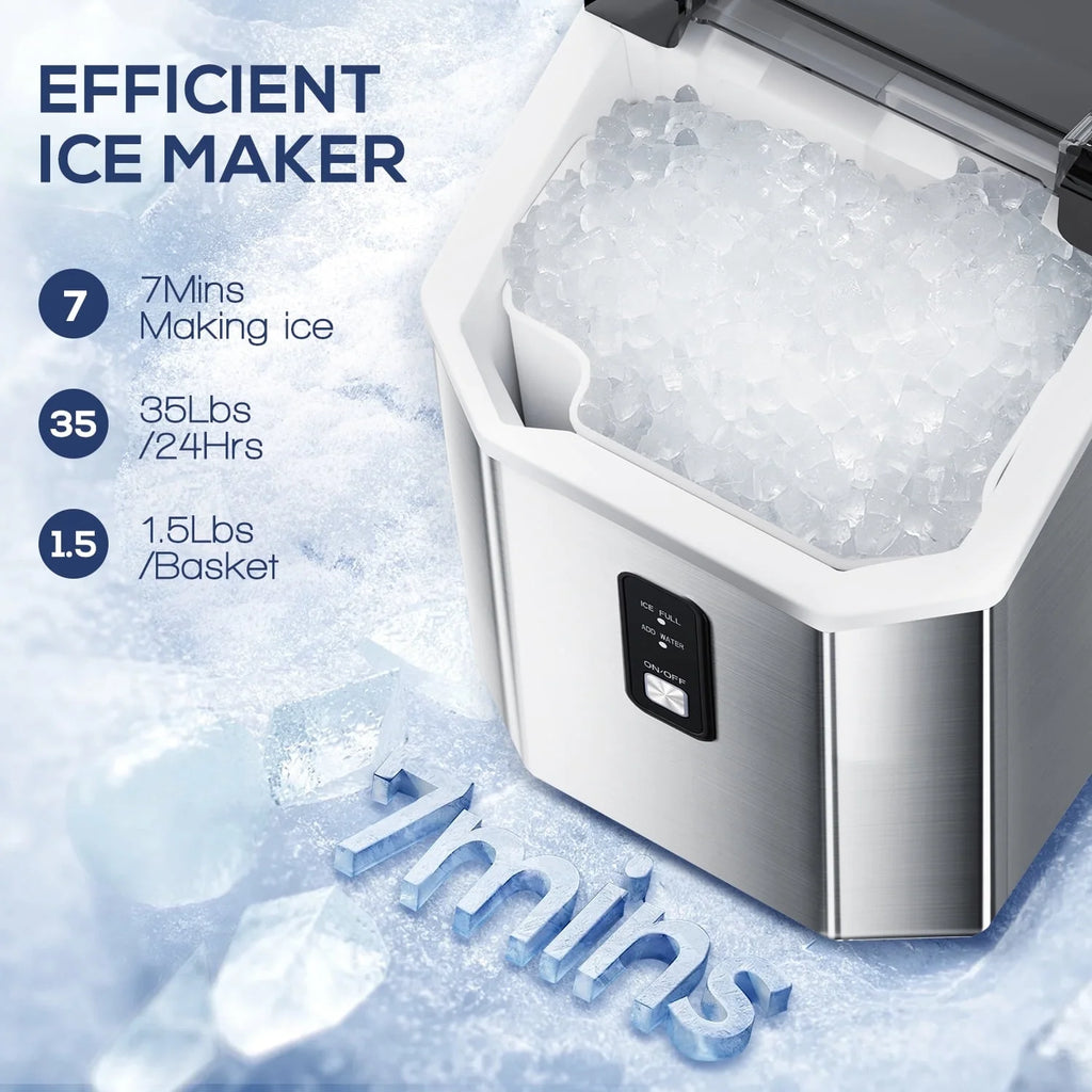 LHRIVER Nugget Countertop Ice Maker with Soft Chewable Ice, 35Lbs/24H, Self-Cleaning, Ice Scoop,Stainless Steel Silver