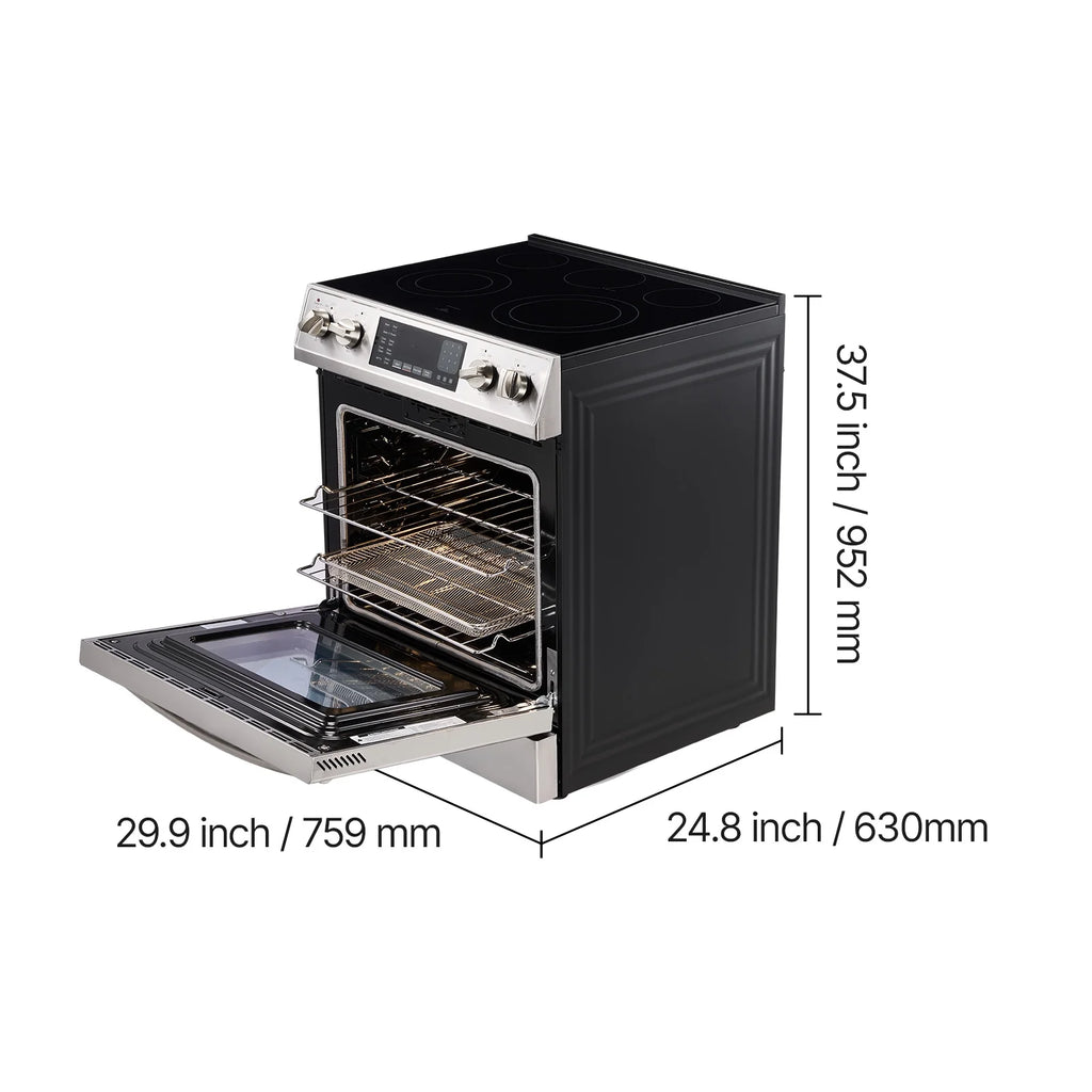 KFFKFF 30-Inch Electric Range Oven, 4.8 Cu. Ft. Freestanding Stainless Steel Stove, Features 5 Burners, Timer, Self-Cleaning, Air Fry Function, Adjustable Racks, and Storage Drawer, Silver