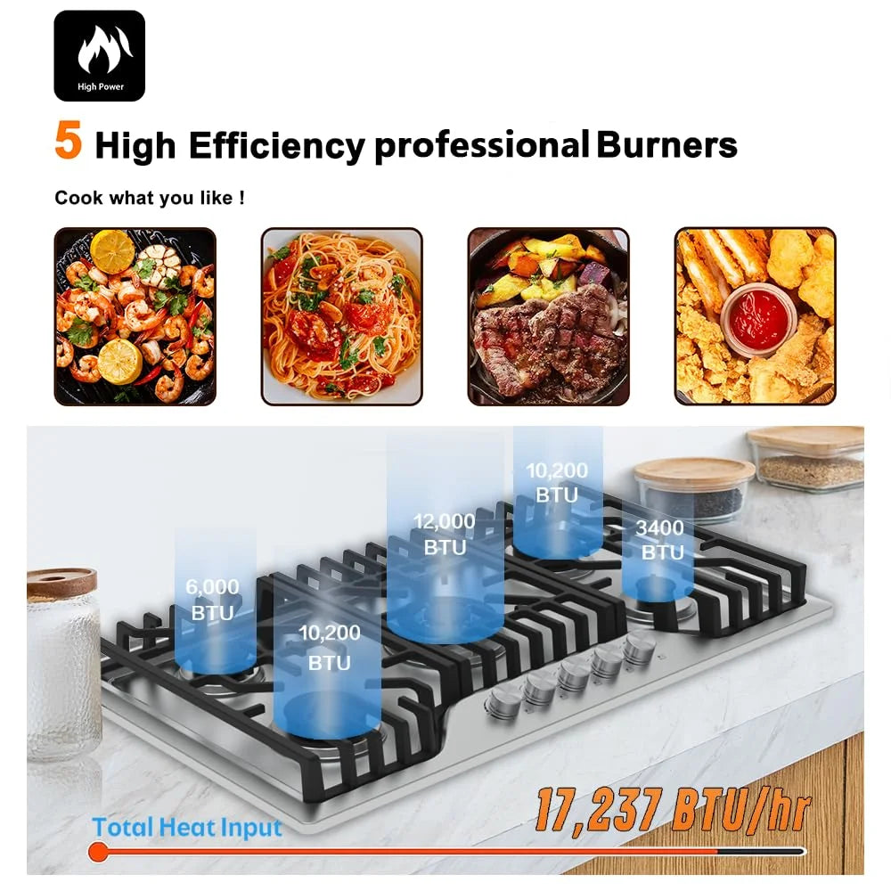 Gas Cooktop 23 inch, Adorer Bulit-in Gas Stove Top with 4 Burner, 23 Inch NG/LPG Convertible Cooktops, Four Burner Propane Cooktop with Thermocouple Protection, Stainless Steel
